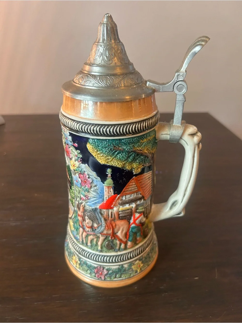 Vintage Black Forest Ceramic Beer Stein with Pewter Lid - Multicolor